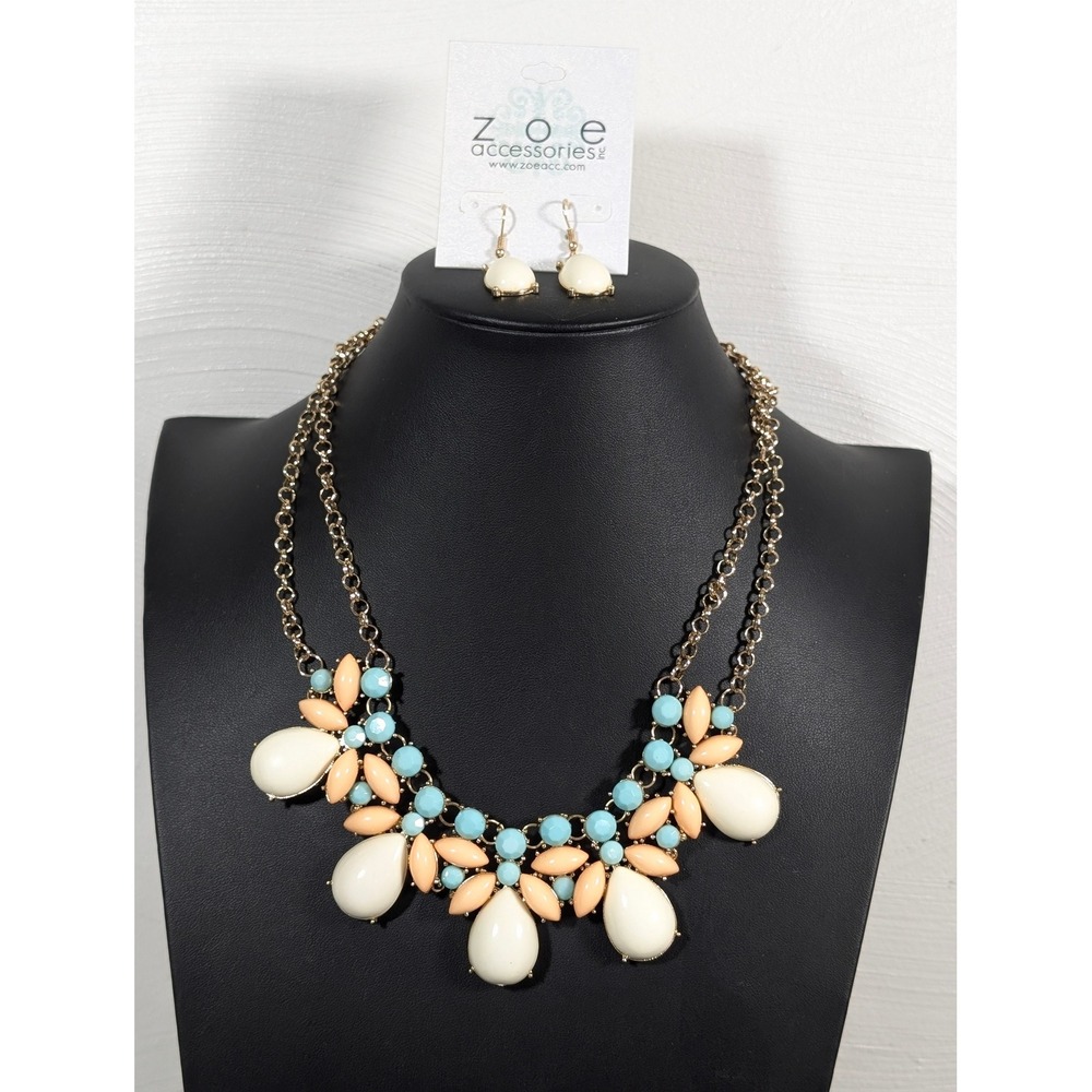New Zoe‎ Accessories Pastel Peach Blue Statement Necklace Earring Set Gold Tone